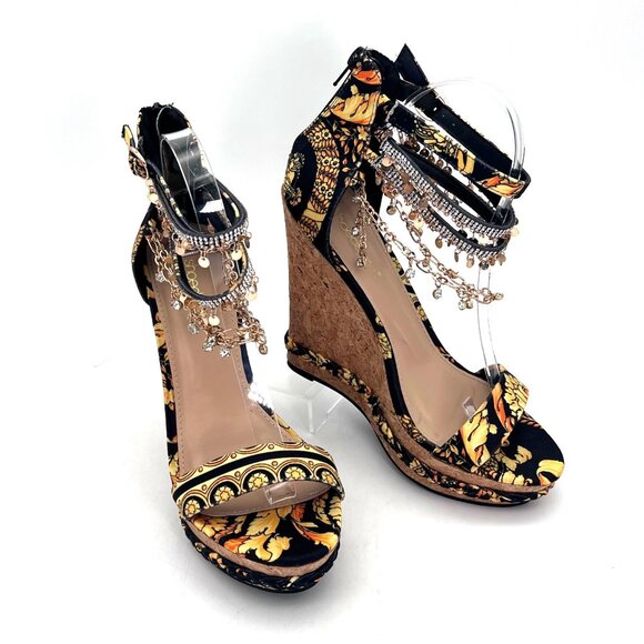 Shoedazzle Pomeline Textile Cork Wedge Heels Womens Size 9 Black Yellow Floral - Picture 1 of 16